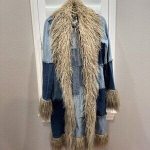 ! AWESOME Milk It Vagabond Patchwork Denim Faux Fur Jacket !
